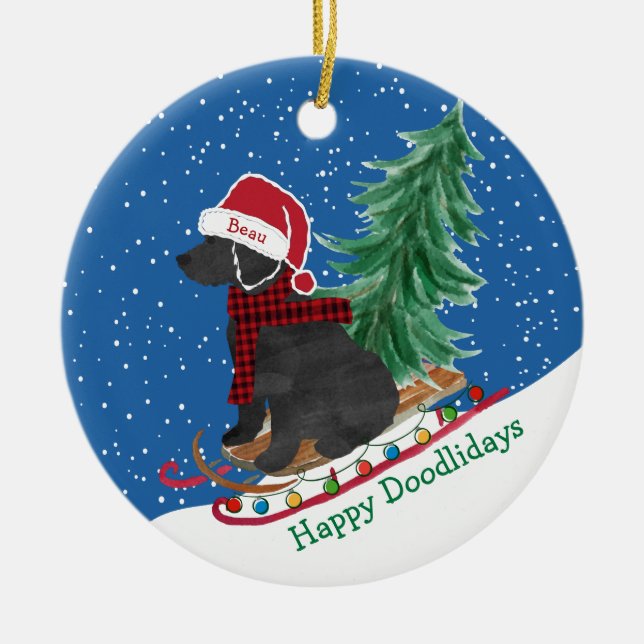 Personalised Labradoodle Christmas Snow Sled Ceramic Tree Decoration (Front)