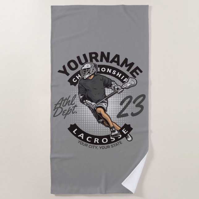 Personalised Lacrosse Player Sports Team Attack Beach Towel (Front)