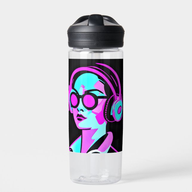 Personalised Lady in Headphones Jamming to Music Water Bottle (Front)