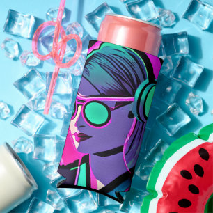 Personalised Lady in Headphones Teal and Pink Seltzer Can Cooler