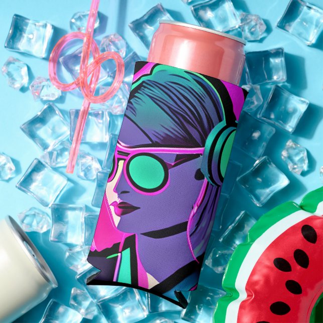Personalised Lady in Headphones Teal and Pink Seltzer Can Cooler (In Situ Summer)