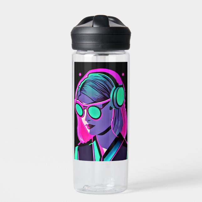 Personalised Lady in Headphones Teal and Pink Water Bottle (Front)