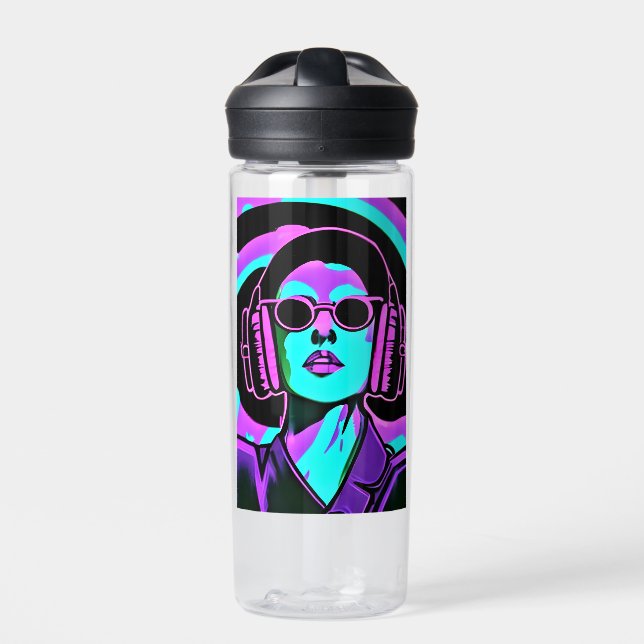 Personalised Lady in Headphones Water Bottle (Front)