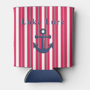 Personalised Lake or Beach Red White Striped   Can Cooler