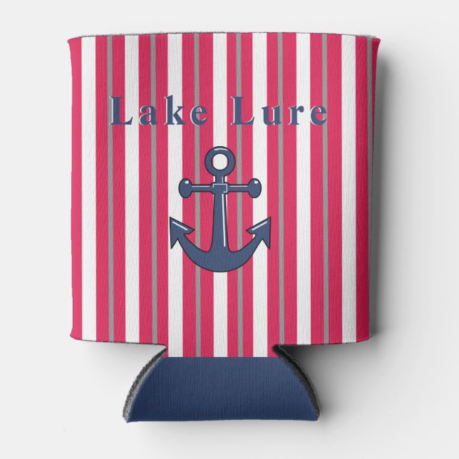Personalised Lake or Beach Red White Striped   Can Cooler (Front)