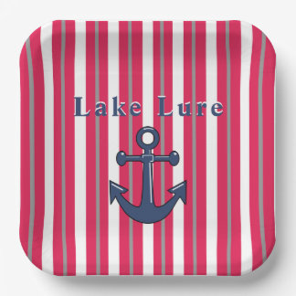 Personalised Lake or Beach Red White Striped Paper Plate