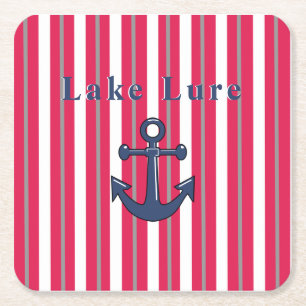 Personalised Lake or Beach Red White Striped    Square Paper Coaster