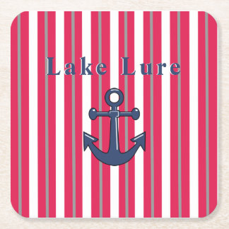 Personalised Lake or Beach Red White Striped    Square Paper Coaster
