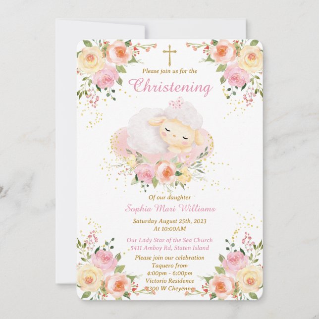 Personalised Lamb Christening girl Invitation (Front)