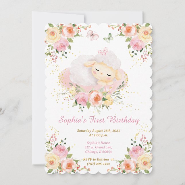 Personalised Lamb Girl 1st Birthday Invitation (Front)