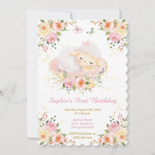 Personalised Lamb Girl 1st Birthday Invitation