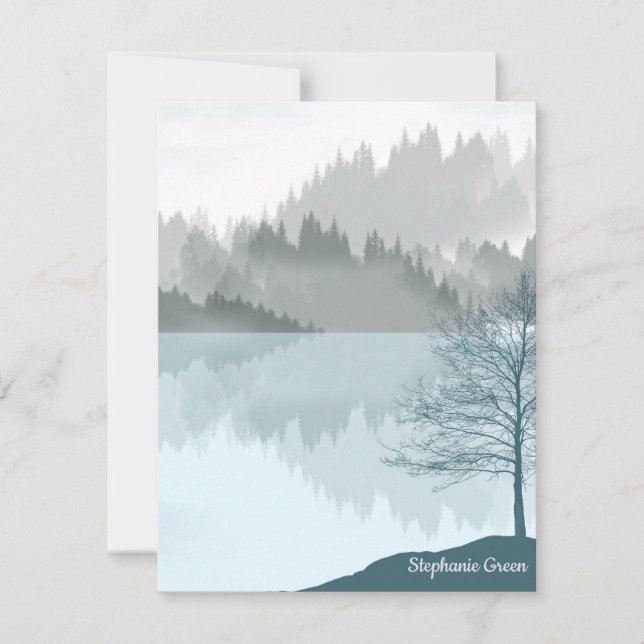 Personalised Landscape Reflection Lake Trees Green RSVP Card (Front)