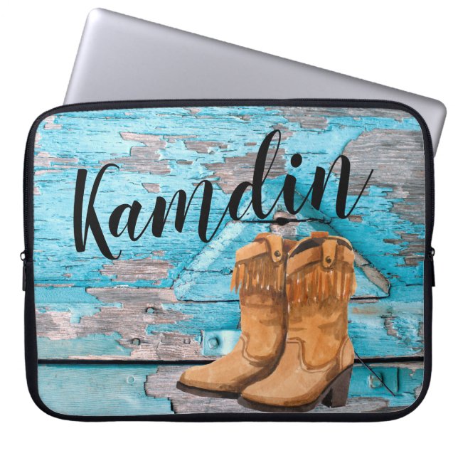 Personalised Laptop Case Blue Wood Barn Door Boots (Front)