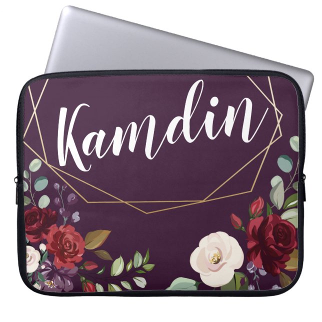 Personalised Laptop Case Plum Purple Roses Gold Ge (Front)