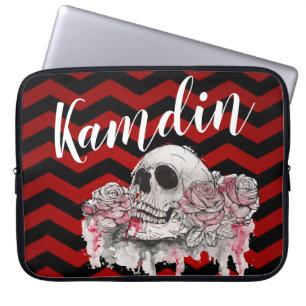 Personalised Laptop Caseskull Rose goth Chevron bl Laptop Sleeve