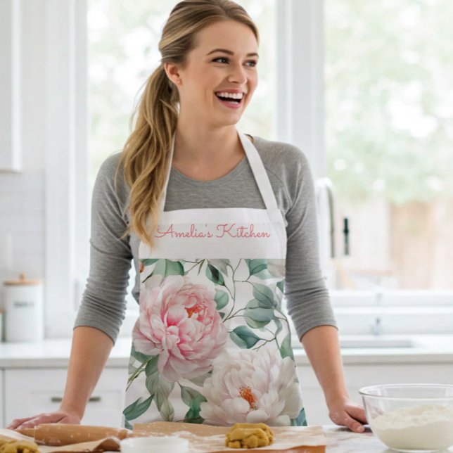 Personalised Large Floral Pattern Pink White Green Apron (Creator Uploaded)