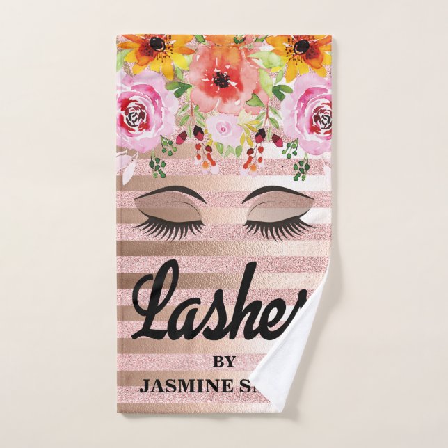 Personalised Lashes Rose Gold Glitter Floral Hand Towel (Hand Towel)