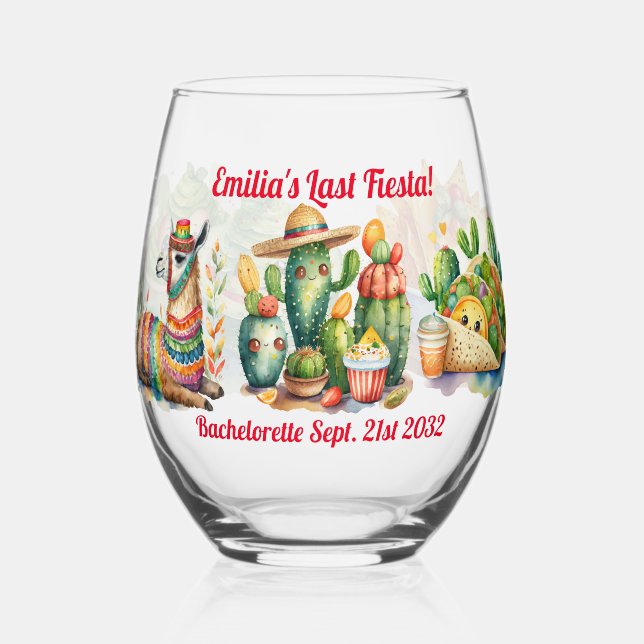 Personalised Last FIESTA Bachelorette CACTI Llama  Stemless Wine Glass (Front)