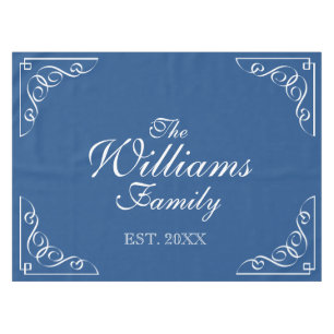 Personalised last name blue and white table cloth