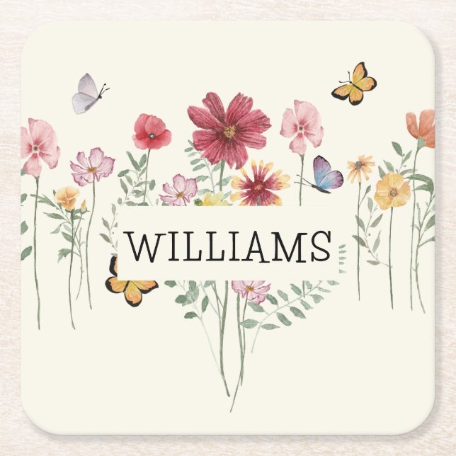Personalised Last Name Floral Square Paper Coaster (Front)