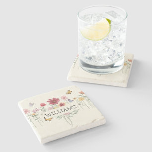 Personalised Last Name Floral Stone Coaster
