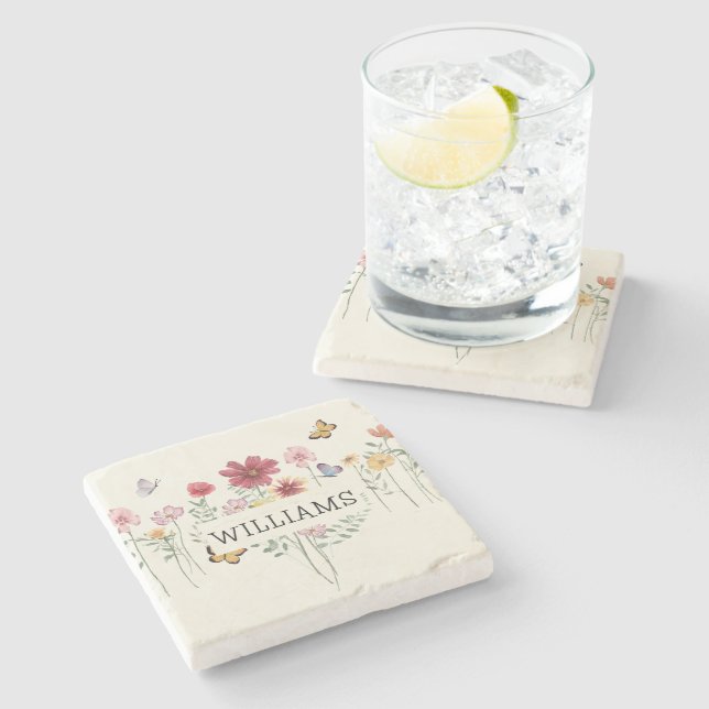 Personalised Last Name Floral Stone Coaster (Side)