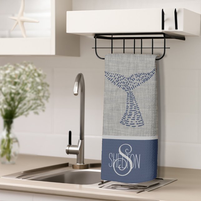 Personalised Last Name Nautical Whale Tail Art Tea Towel (Personalized Last Name Nautical Whale Tail Art Kitchen Towel)