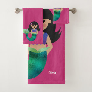 Personalised Latina Faux Foil Black Hair Mermaid Bath Towel Set