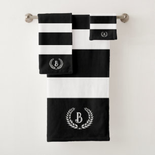 Personalised Laurel Wreath Black & White Stripes Bath Towel Set