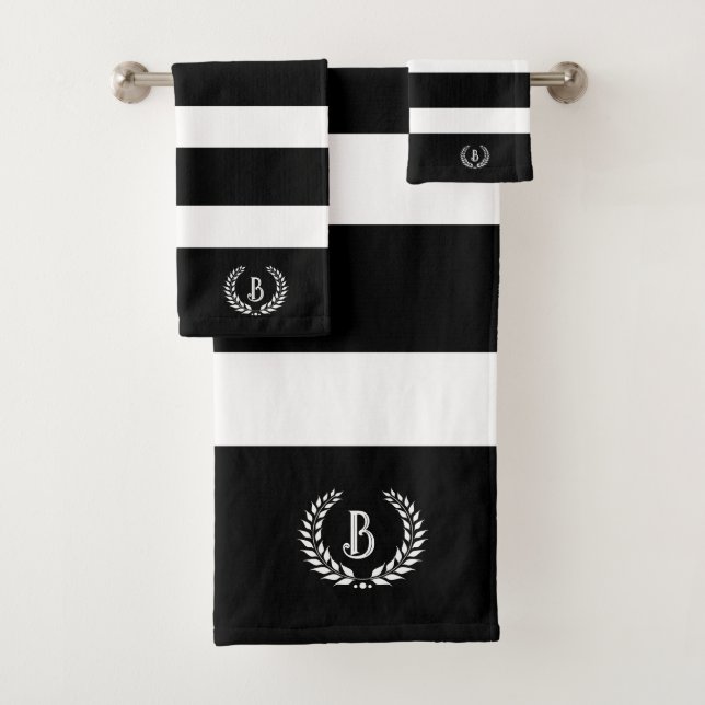 Personalised Laurel Wreath Black & White Stripes Bath Towel Set (Insitu)
