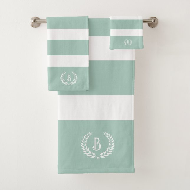 Personalised Laurel Wreath Green & White Stripes Bath Towel Set (Insitu)