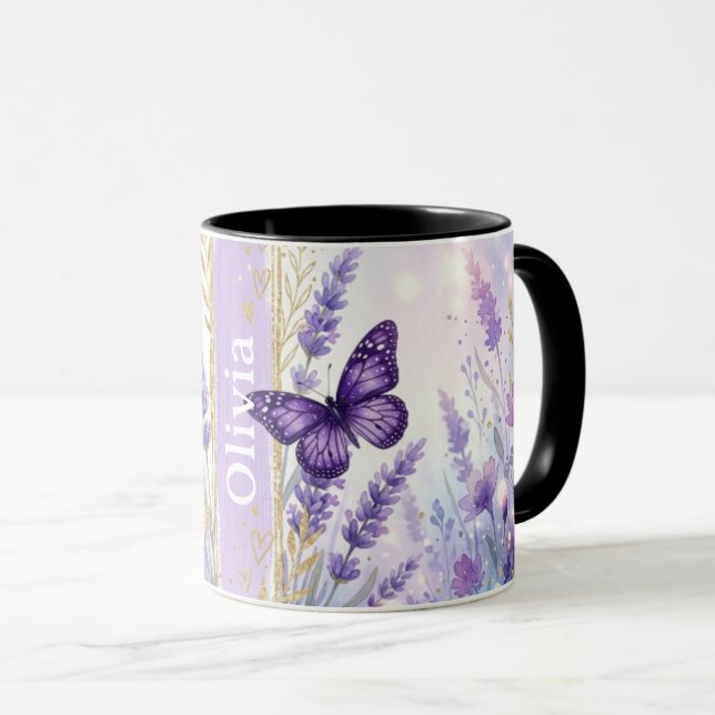 Personalised Lavender Butterfly 11oz Coffee Mug (Front Right)