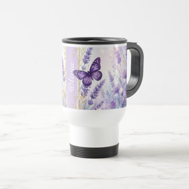 Personalised Lavender Butterfly 15oz Travel Cup (Front Right)