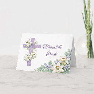 Personalised Lavender Floral Cross Blessed & Loved Card