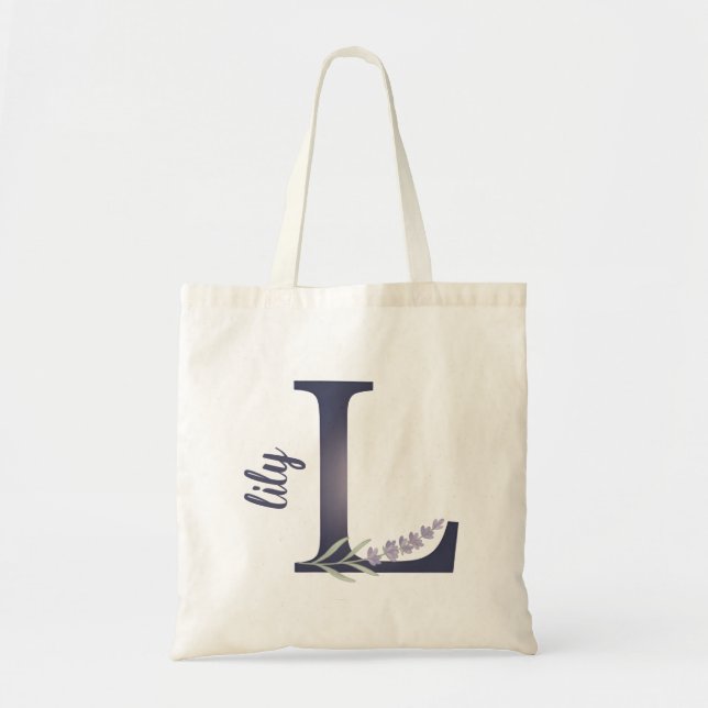 Personalised Lavender Floral L Monogram Tote Bag (Front)