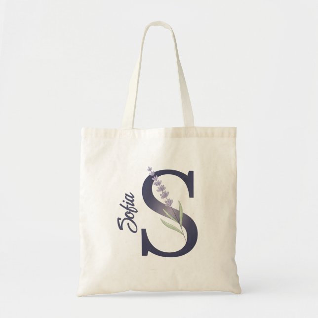 Personalised Lavender Floral S Monogram Tote Bag (Front)