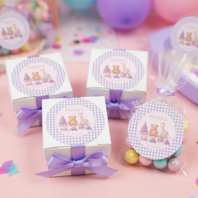 Personalised Lavender Gingham 1st Birthday  Classic Round Sticker (Creator Uploaded)