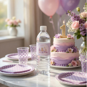 Personalised Lavender Gingham 1st Birthday  Water Bottle Label