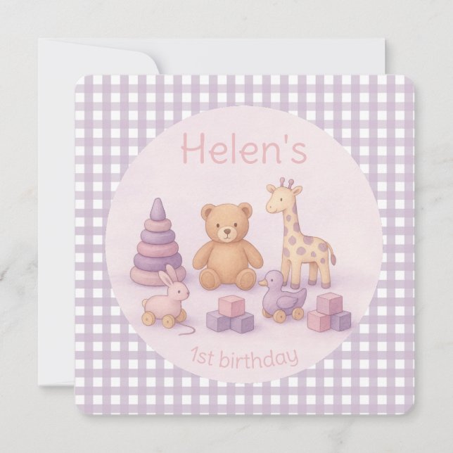 Personalised Lavender Gingham Birthday Invitation (Front)