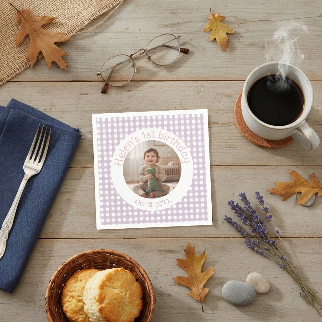 Personalised Lavender Gingham Birthday Photo Napkin (Creator Uploaded)