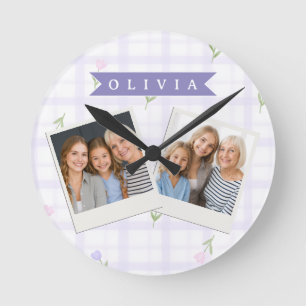 Personalised Lavender Gingham Floral Name Gift Round Clock