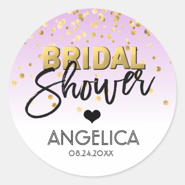 Personalised LAVENDER Gold Foil Bridal Shower Classic Round Sticker (Front)