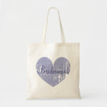 Personalised lavender heart bridesmaid tote bags<br><div class="desc">Personalised lavender purple heart bridesmaid tote bags. Beautiful vintage weather look design with elegant script text and custom name. Make one with name of bridesmaids,  flower girl,  maid of honour,  matron of honour,  mother of the bride etc. Cute design for wedding party,  bridal party or bachelorrette parties. Lilac colour.</div>