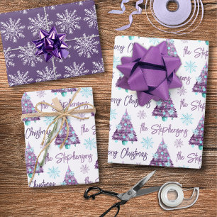 Personalised Lavender Merry Christmas Tree Script Wrapping Paper Sheet