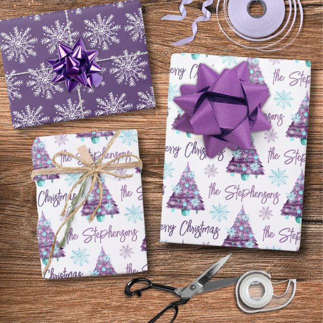 Personalised Lavender Merry Christmas Tree Script Wrapping Paper Sheet (Creator Uploaded)