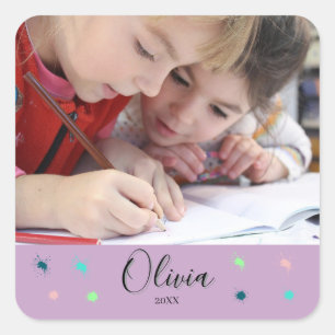 Personalised Lavender Photo Name and Date Gift Square Sticker