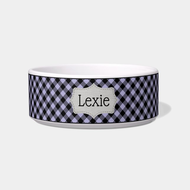 Personalised Lavender Purple and Black Plaid Pet Bowl (Front)