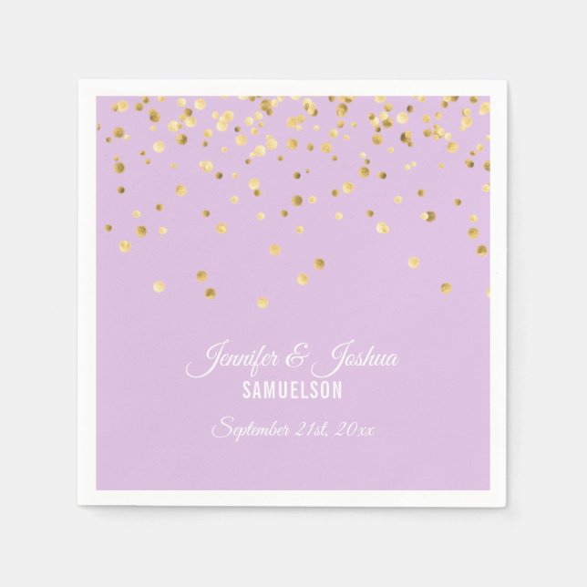 Personalised Lavender Purple Gold Confetti Wedding Napkin (Front)