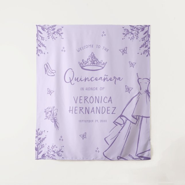 Personalised Lavender Quinceañera Photo Backdrop Tapestry (Front)