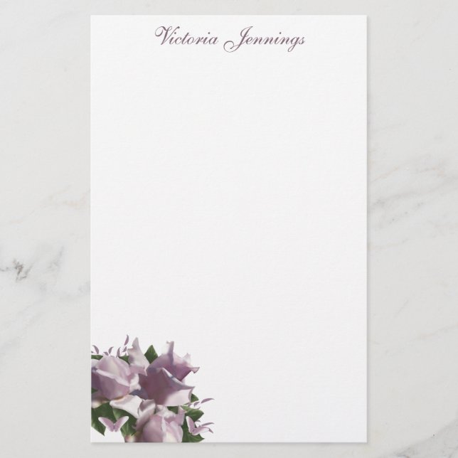 Personalised Lavender Rose Floral Stationery Paper (Front)